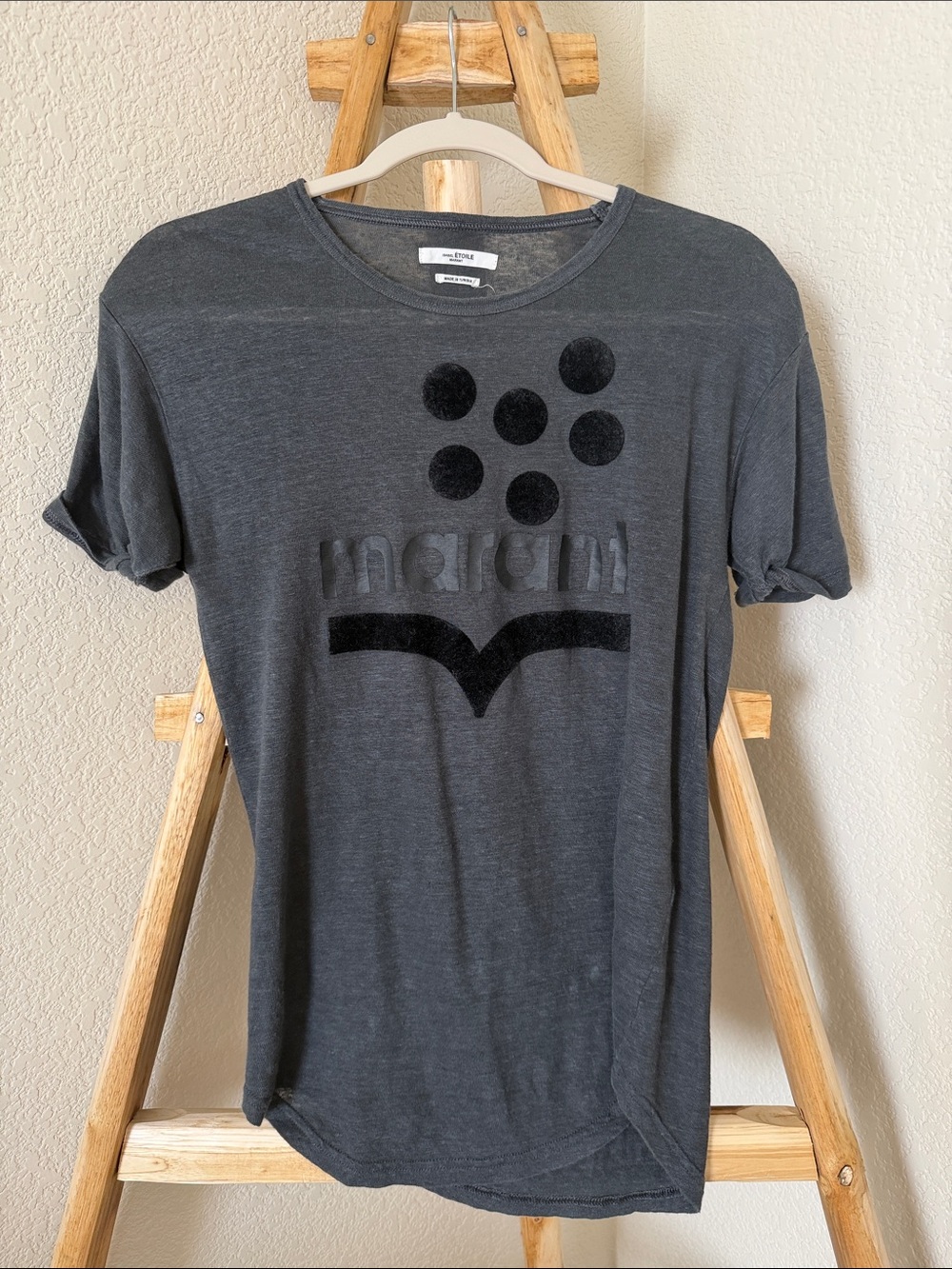 Isabel Marant Etoile Koldi Logo Charcoal Grey & Black Short Sleeve Linen Tee - Picture 3 of 7